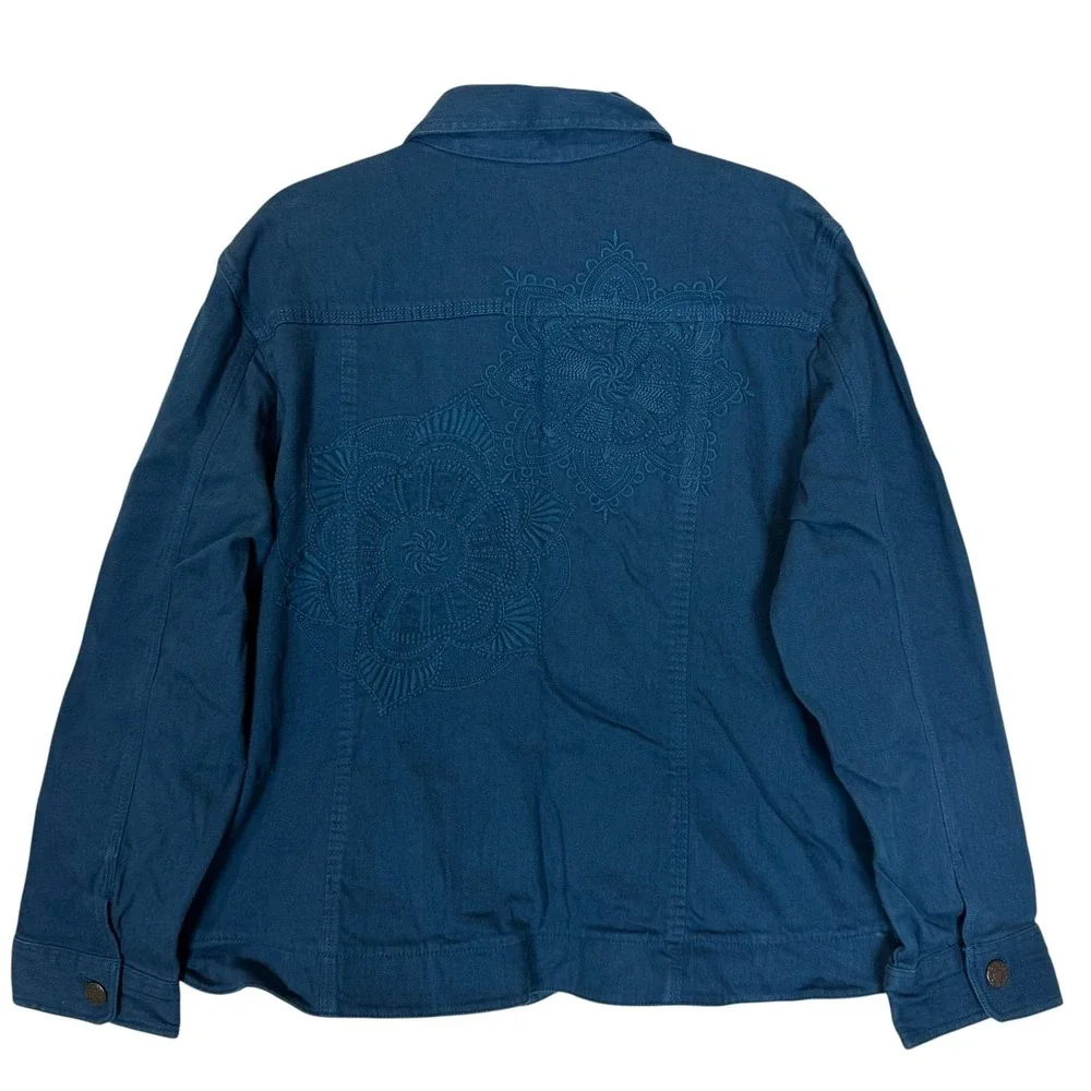 Chico's‎ Jacket Womens 3 Blue Denim Button Front Embroidered Back Boho Casual